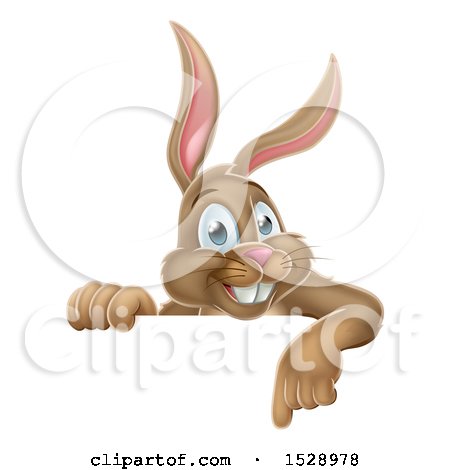 Clipart of a Happy Brown Easter Bunny Rabbit Pointing down over a Sign - Royalty Free Vector Illustration by AtStockIllustration
