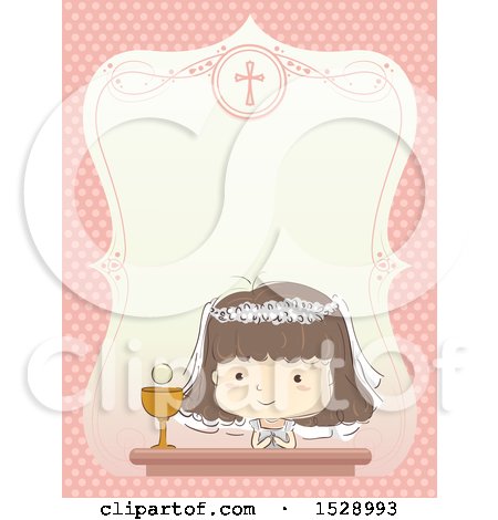 Clipart of a Sketched Girl at Her First Communion, in a Border with Text Space - Royalty Free Vector Illustration by BNP Design Studio