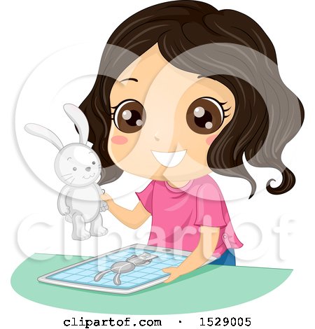 Clipart of a Happy Girl Holding a 3d Printed Rabbit Toy over a Tablet - Royalty Free Vector Illustration by BNP Design Studio