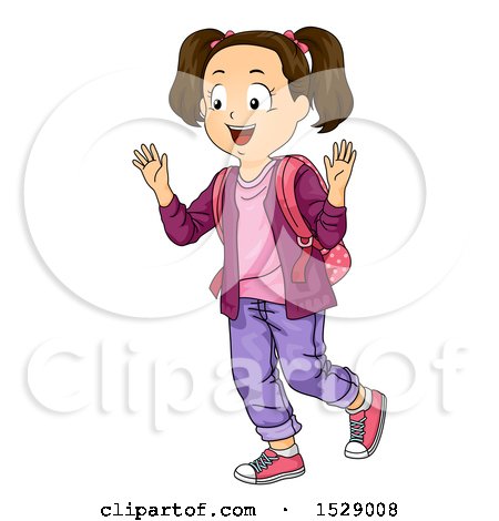 Clipart of a Happy Brunette School Girl Greeting Someone - Royalty Free Vector Illustration by BNP Design Studio