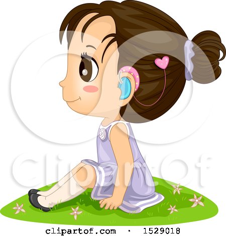 Clipart of a Brunette Girl with a Hearing Aid, Sitting in Grass - Royalty Free Vector Illustration by BNP Design Studio
