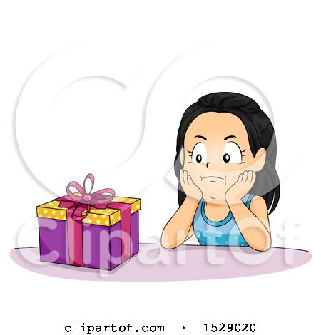 Clipart of a Girl Looking Impatient to Open Her Birthday Present - Royalty Free Vector Illustration by BNP Design Studio
