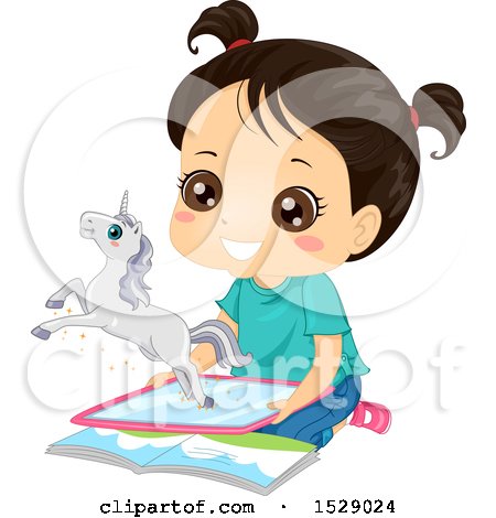 Clipart of a Happy Girl Watching a Unicorn Emerge from a Computer Tablet - Royalty Free Vector Illustration by BNP Design Studio