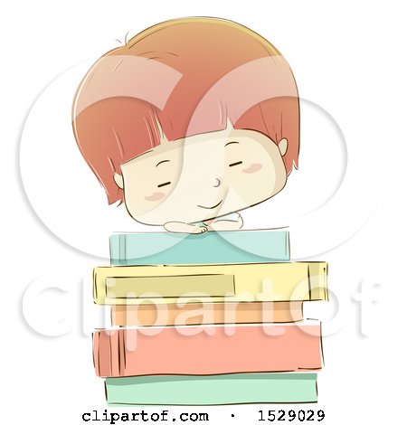 Clipart of a Sketched Boy Sleeping on a Stack of Books - Royalty Free Vector Illustration by BNP Design Studio