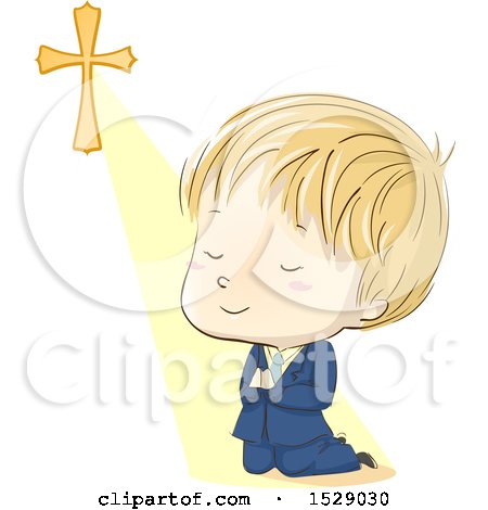 Clipart of a Sketched Blond Boy Praying and Kneeling in His First Communion Suit - Royalty Free Vector Illustration by BNP Design Studio