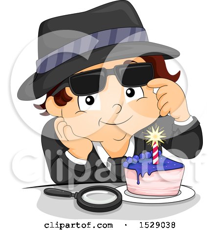 Clipart of a Secret Agent Boy Enjoying a Birthday Cake Slice - Royalty Free Vector Illustration by BNP Design Studio