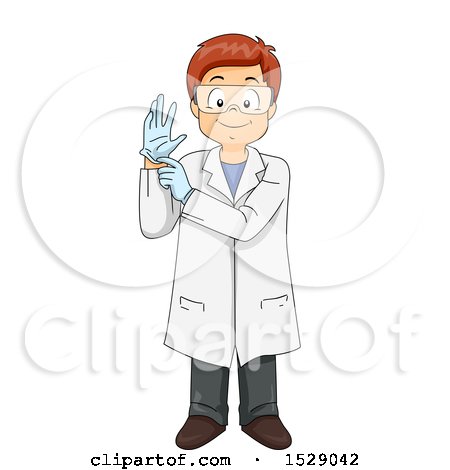 Clipart of a Boy Wearing a Science Lab Coat and Putting on Gloves - Royalty Free Vector Illustration by BNP Design Studio