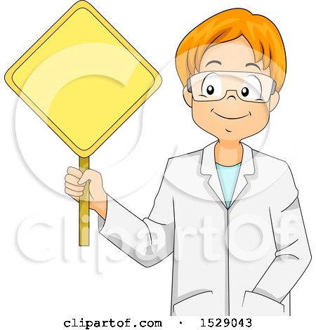 Clipart of a Boy Wearing a Science Lab Coat and Holding a Warning Sign - Royalty Free Vector Illustration by BNP Design Studio
