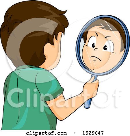 Clipart of a Boy Practicing an Angry Mood in a Mirror - Royalty Free Vector Illustration by BNP Design Studio