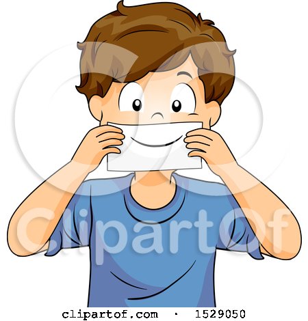 Clipart of a Boy Holding a Smile Card over His Mouth - Royalty Free Vector Illustration by BNP Design Studio