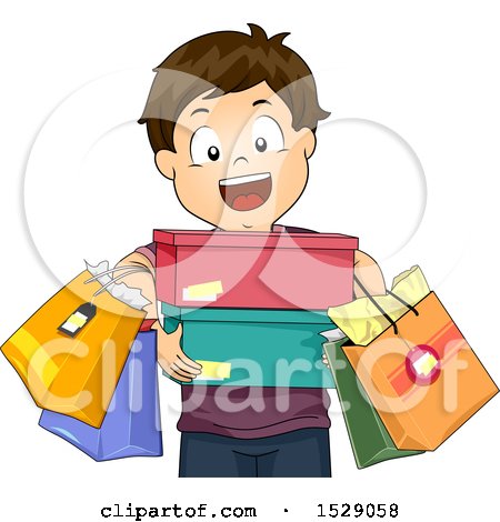 Clipart of a Happy Boy Carrying Shopping Bags and Shoe Boxes - Royalty Free Vector Illustration by BNP Design Studio