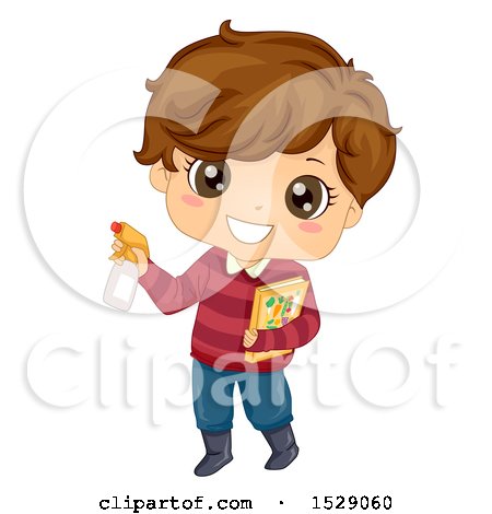 Clipart of a Boy Holding a Gardening Book and Spray Bottle - Royalty Free Vector Illustration by BNP Design Studio