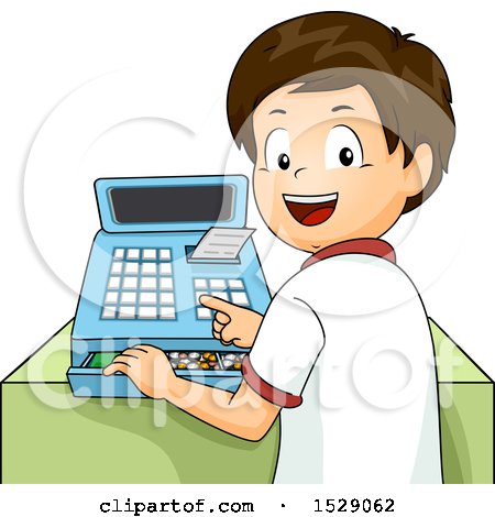 Clipart of a Brunette Boy Operating a Cash Register - Royalty Free Vector Illustration by BNP Design Studio