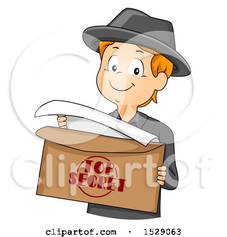 Clipart of a Secret Agent Boy Opening a Top Secret Envelope - Royalty Free Vector Illustration by BNP Design Studio