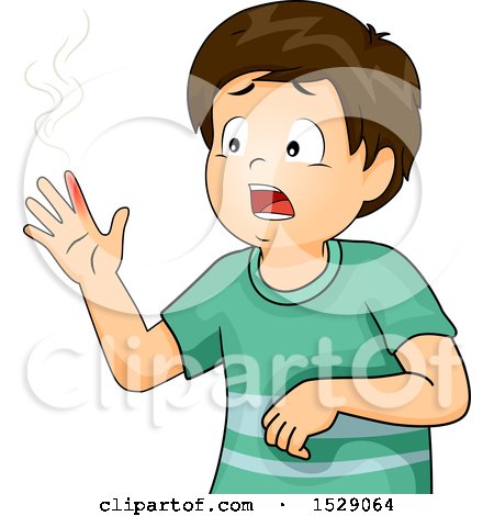 Clipart of a Brunette Boy with a Burnt Finger - Royalty Free Vector Illustration by BNP Design Studio