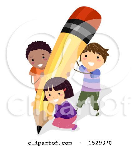 Clipart of a Group of School Children Holding up a Giant Pencil - Royalty Free Vector Illustration by BNP Design Studio