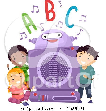 Clipart of a Group of Children with a Robot, Listening to Phonics - Royalty Free Vector Illustration by BNP Design Studio