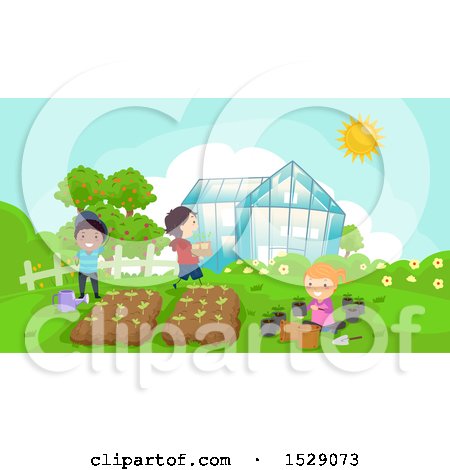 Clipart of a Group of Children Tending to a Garden - Royalty Free Vector Illustration by BNP Design Studio