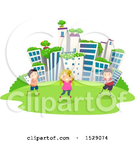 Clipart of a Group of Children Playing in a Green City Park - Royalty Free Vector Illustration by BNP Design Studio