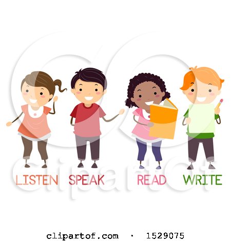 Clipart of a Group of School Childre Learning Listen, Speak, Read and Write - Royalty Free Vector Illustration by BNP Design Studio