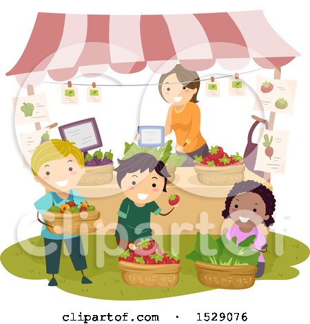 Clipart of a Teacher and Students Working at a Farmers Market Booth - Royalty Free Vector Illustration by BNP Design Studio