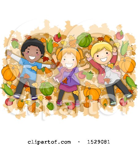 Clipart of a Group of Children Lying on Autumn Leaves with Harvest Produce - Royalty Free Vector Illustration by BNP Design Studio