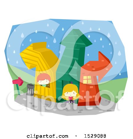 Clipart of a Boy and Girl Playing at Arrow Houses - Royalty Free Vector Illustration by BNP Design Studio