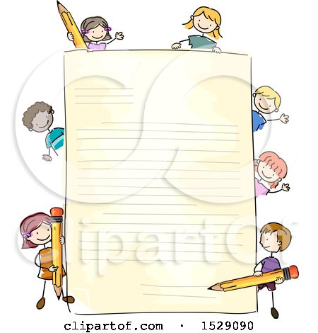 Clipart of a Sketched Sheet of Paper with Children Holding Pencils - Royalty Free Vector Illustration by BNP Design Studio