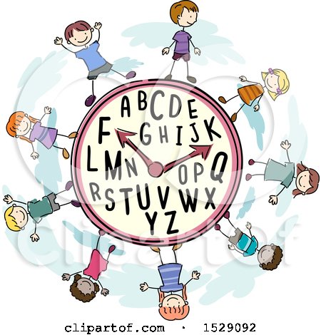 Clipart of a Clock with Alphabet Letters and Sketched Children - Royalty Free Vector Illustration by BNP Design Studio