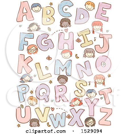 Clipart of a Sketched Group of School Children with Alphabet Letters - Royalty Free Vector Illustration by BNP Design Studio