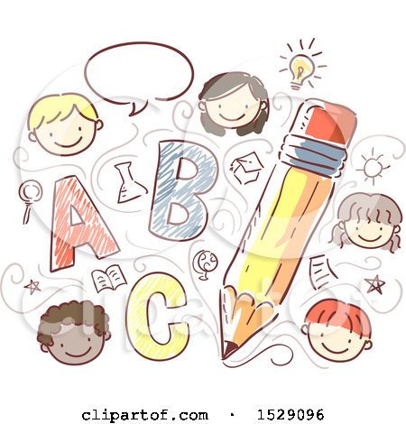 Clipart of a Sketched Pencil with School Children, Icons and Alphabet Letters - Royalty Free Vector Illustration by BNP Design Studio