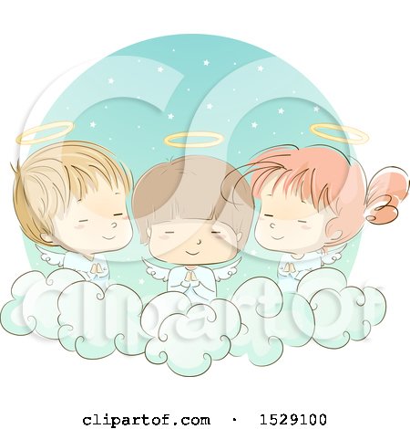 Clipart of a Sketched Group of Angel Children Praying on a Cloud - Royalty Free Vector Illustration by BNP Design Studio