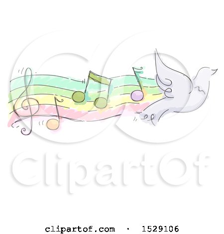 Clipart of a Sketched Flying Dove with Music Notes - Royalty Free Vector Illustration by BNP Design Studio