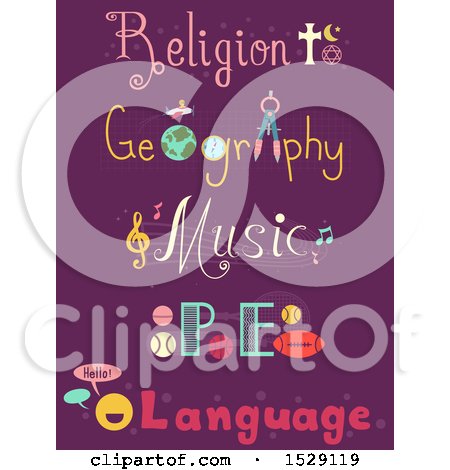 Clipart of Text Designs for School Subjects like Religion, Geography, Music, Physical Education and Language, on Purple - Royalty Free Vector Illustration by BNP Design Studio