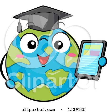 Clipart of a Globe Earth Graduate Character Holding a Tablet - Royalty Free Vector Illustration by BNP Design Studio