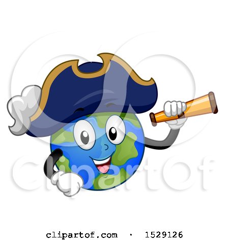 Clipart of a Globe Earth Captain Pirate Character Holding a Telescope - Royalty Free Vector Illustration by BNP Design Studio