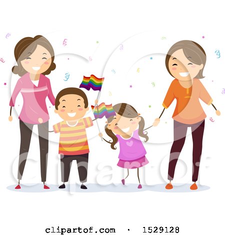 Clipart of Lesbian Parents with Their Children, Waving Lgbtq Rainbow Flags - Royalty Free Vector Illustration by BNP Design Studio