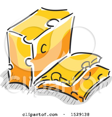 Clipart of a Sketched Block of Cheese and Slices - Royalty Free Vector Illustration by BNP Design Studio