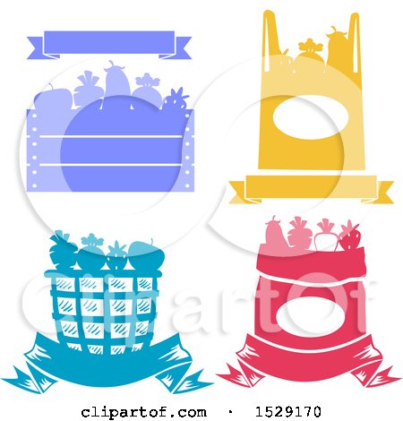 Clipart of a Silhouetted Crate, Shopping Bag, Basket and Sack Full of Produce, with a Banner - Royalty Free Vector Illustration by BNP Design Studio