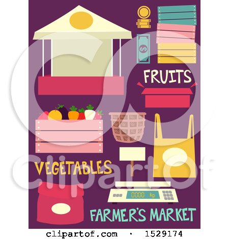Clipart of Fruit Stand, Produce for Sale, Wooden Cart, Bag, Weighing Scale and Basket Farmers Market Designs on Purple - Royalty Free Vector Illustration by BNP Design Studio