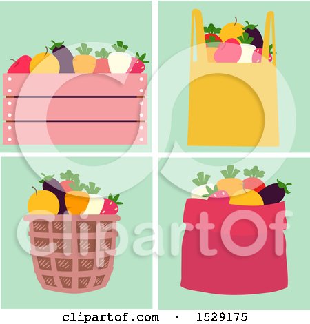 Clipart of Fruits and Vegetables in a Wooden Crate, Bag, Basket and Sack - Royalty Free Vector Illustration by BNP Design Studio