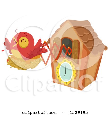 Clipart of a Red Bird on a Nest, Popping out of a Cuckoo Clock - Royalty Free Vector Illustration by BNP Design Studio