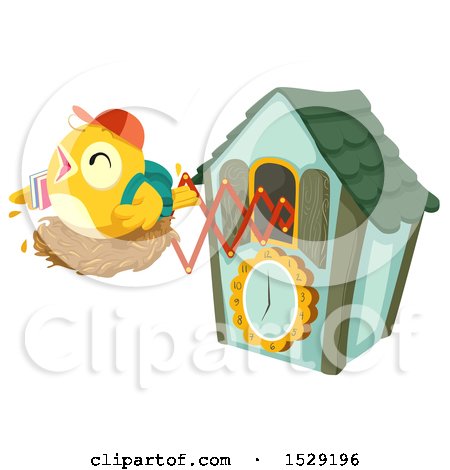 Clipart of a Student Bird on a Nest, Popping out of a Cuckoo Clock - Royalty Free Vector Illustration by BNP Design Studio
