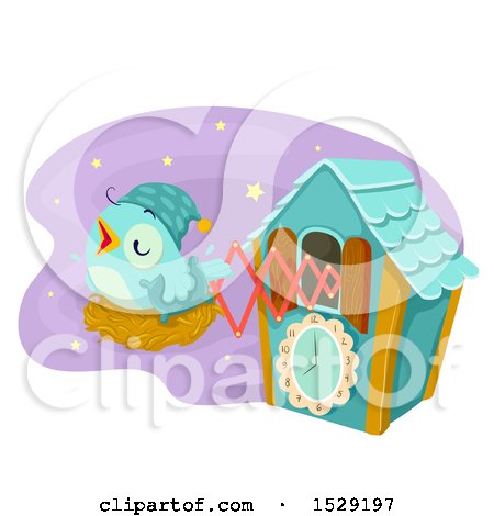 Clipart of a Sleepy Bird on a Nest, Popping out of a Cuckoo Clock - Royalty Free Vector Illustration by BNP Design Studio