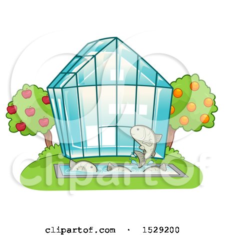 Clipart of a Greenhouse with Orchard Trees and Farmed Fish - Royalty Free Vector Illustration by BNP Design Studio
