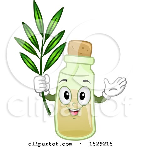 Clipart of a Tea Tree Oil Bottle Character Holding a Branch - Royalty Free Vector Illustration by BNP Design Studio