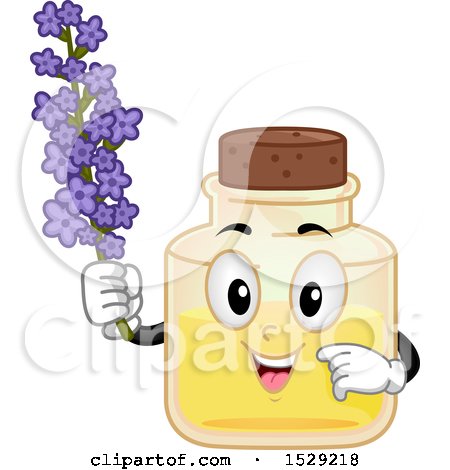 Clipart of a Lavender Essential Oil Bottle Character Holding Flowers - Royalty Free Vector Illustration by BNP Design Studio