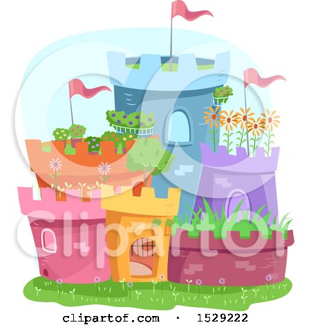 Clipart of a Colorful Garden Castle Made of Pots - Royalty Free Vector Illustration by BNP Design Studio