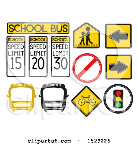 Clipart of School Transportation Warning Signs of a Bus, Arrow, Stop, Speed Limit, Pedestrian Lane, Traffic Signal and Bike - Royalty Free Vector Illustration by BNP Design Studio