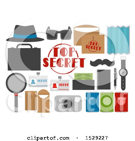 Clipart of Secret Agent Party Designs Elements of a Hat, Envelope, Fake Passport, Mustache and Map - Royalty Free Vector Illustration by BNP Design Studio